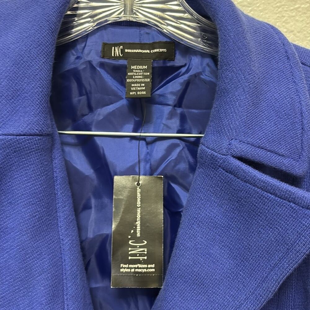 INC coat double breasted women size M 100% cotton beautiful blue waist tie - Picture 10 of 11